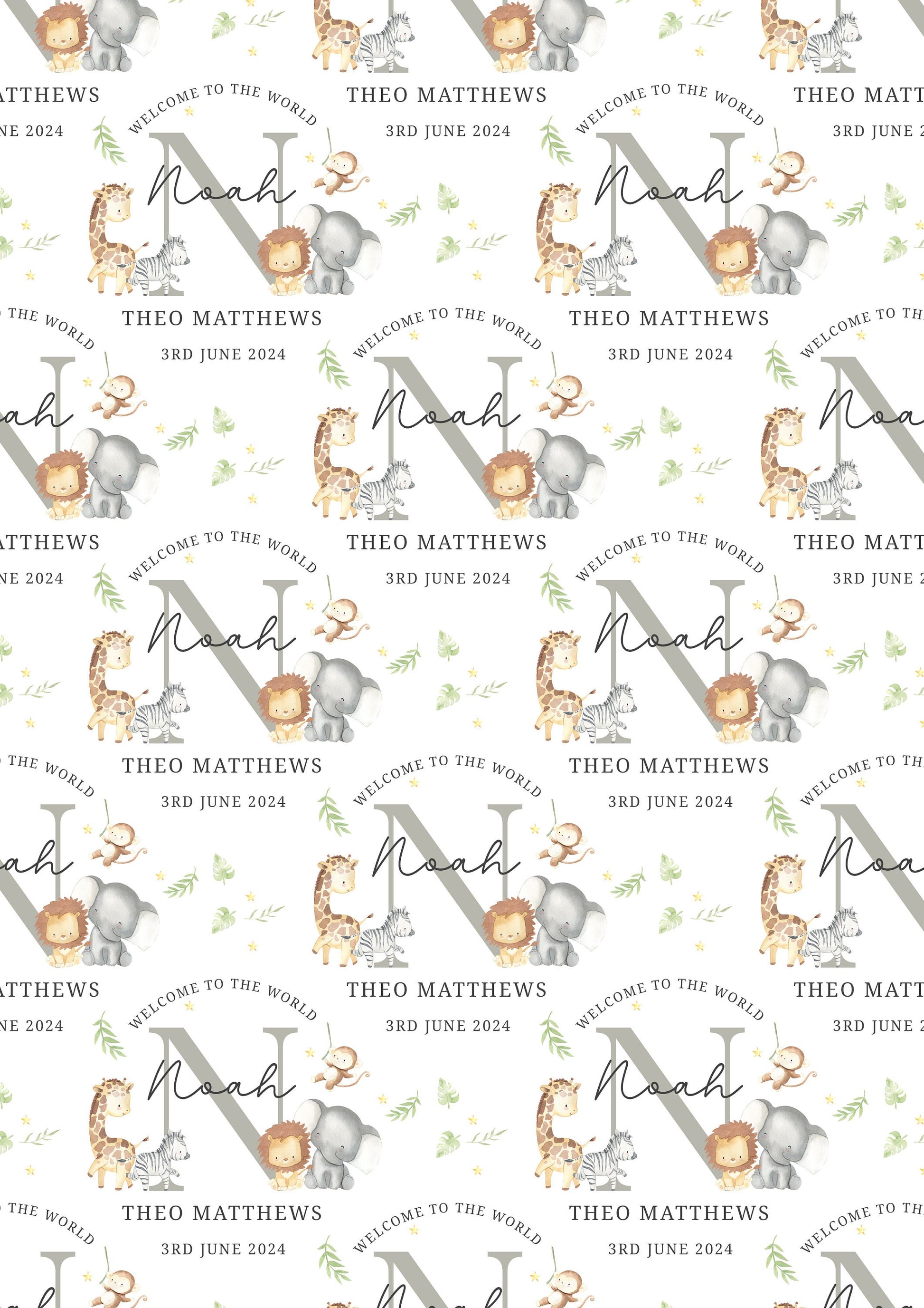 Personalised New Baby Boy, Baby Girl Safari Wrapping Paper | Welcome to the World Baby Boy, Baby Girl Gift Wrap with Name and Birth Date