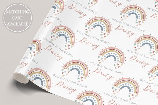 Personalised New Baby Girl Wrapping Paper | Welcome to the World Baby Girl Rainbow Gift Wrap | New Baby Gift Wrap with Name and Birth Date |