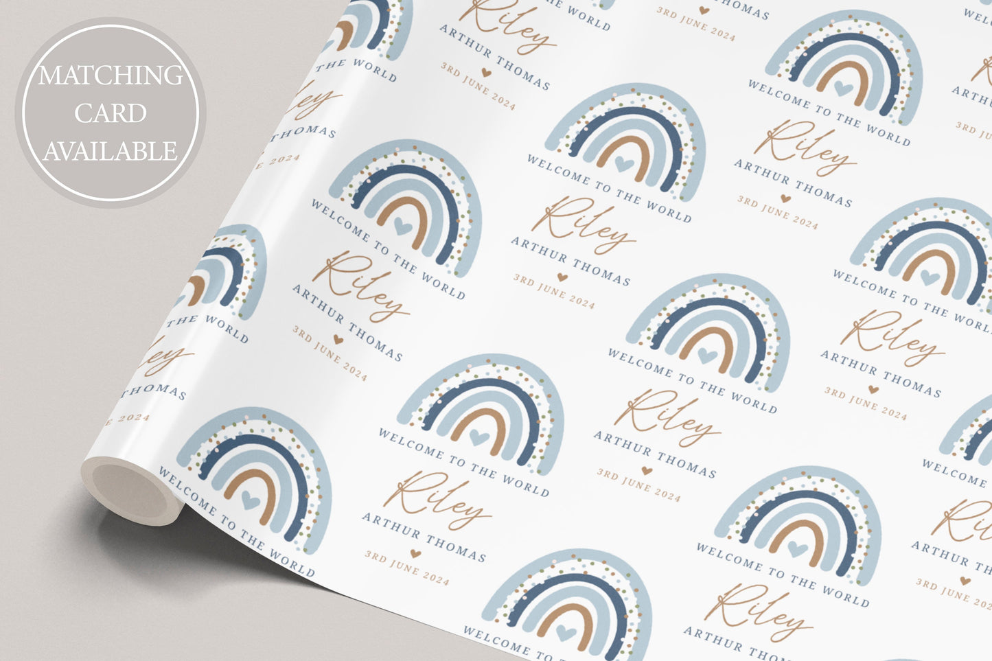 Personalised New Baby Boy Wrapping Paper | Welcome to the World Baby Boy Gift Wrap with Name and Birth Date | Blue Rainbow Design