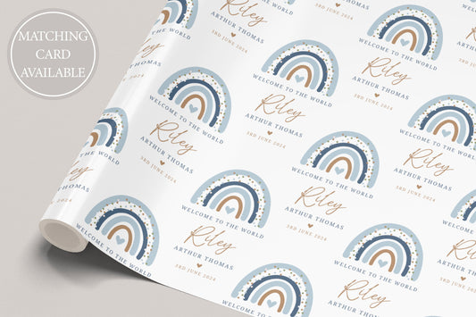 Personalised New Baby Boy Wrapping Paper | Welcome to the World Baby Boy Gift Wrap with Name and Birth Date | Blue Rainbow Design