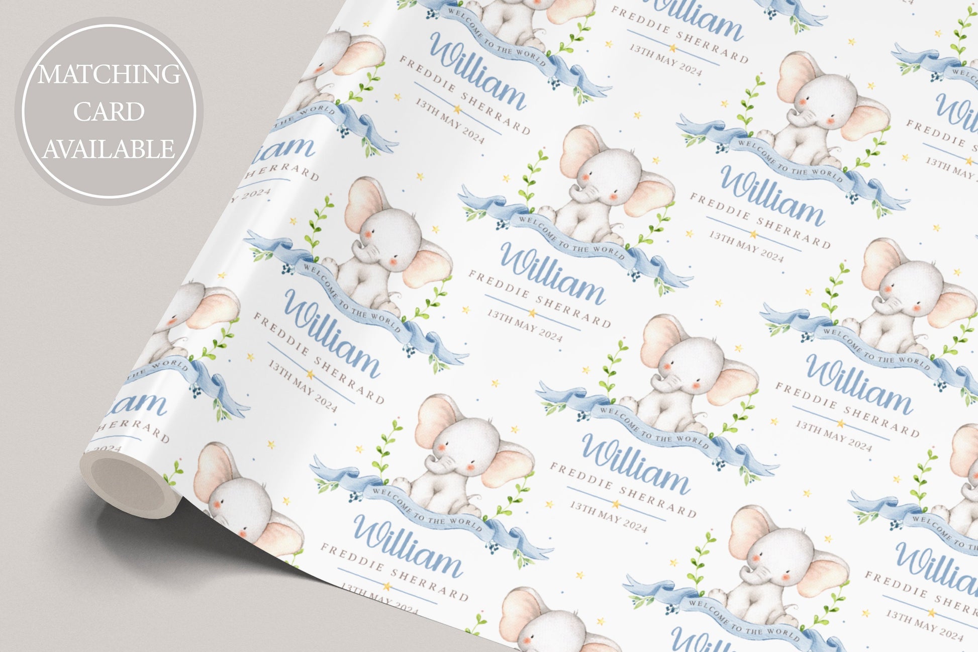 Personalised New Baby Boy Wrapping Paper | Welcome to the World Baby Boy Gift Wrap | New Baby Gift Wrap with Name and Birth Date | Elephant