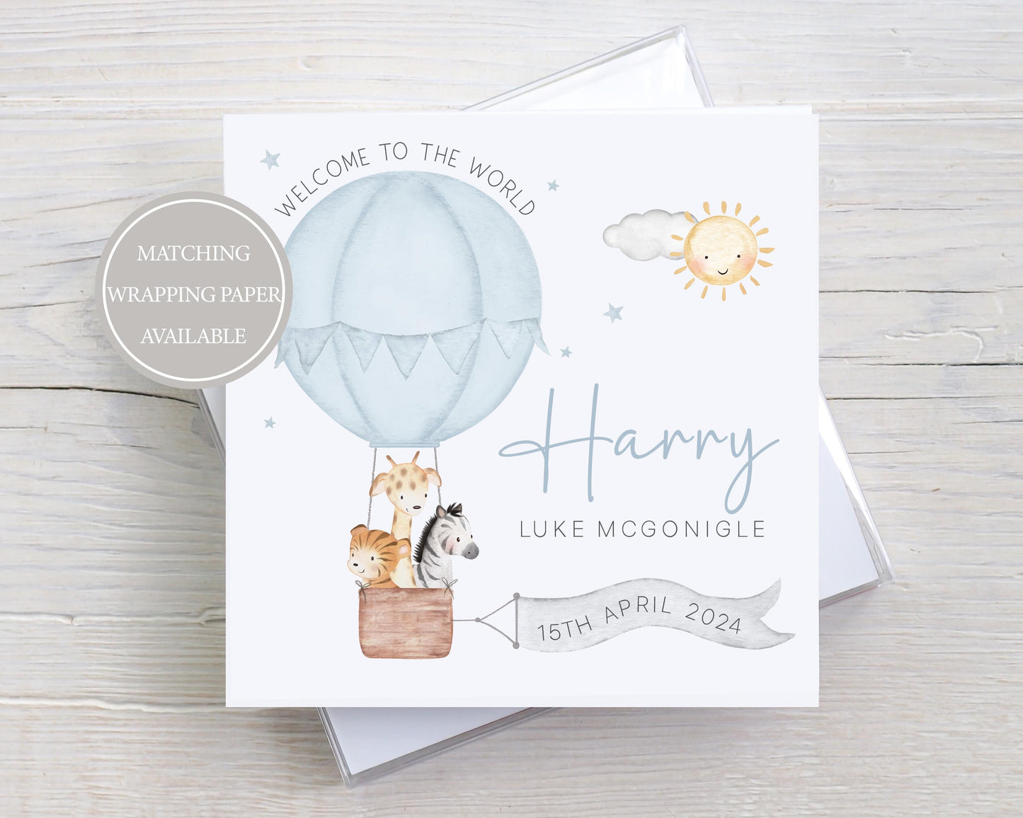 Personalised New Baby Boy Card, Welcome to the World Baby Boy, New Baby Card, Congratulations It's a Boy Card, Safari Hot Air Balloon Design