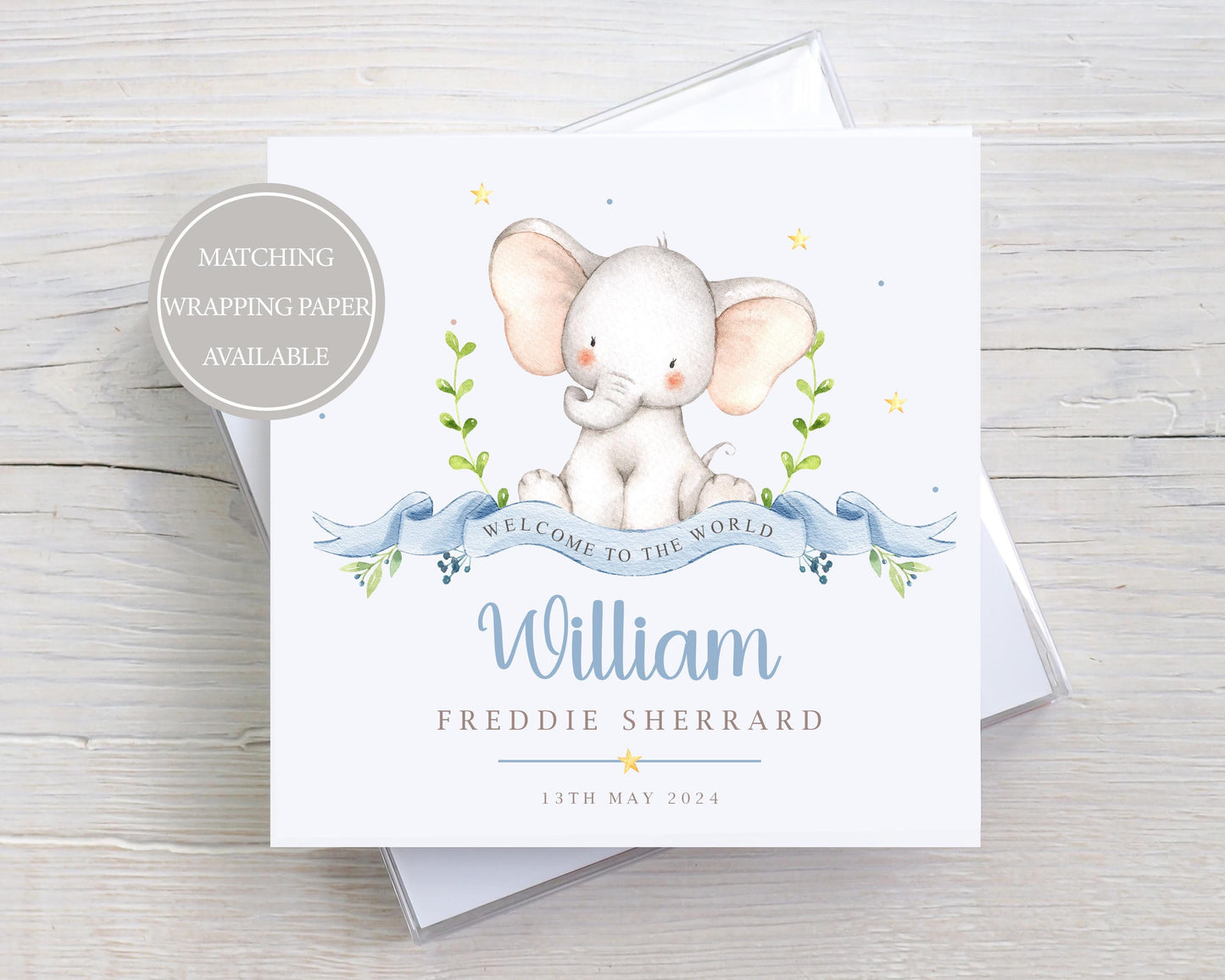 Personalised New Baby Boy Card, Welcome to the World Baby Boy, New Baby Card, Congratulations It's a Boy Card, Elephant Design