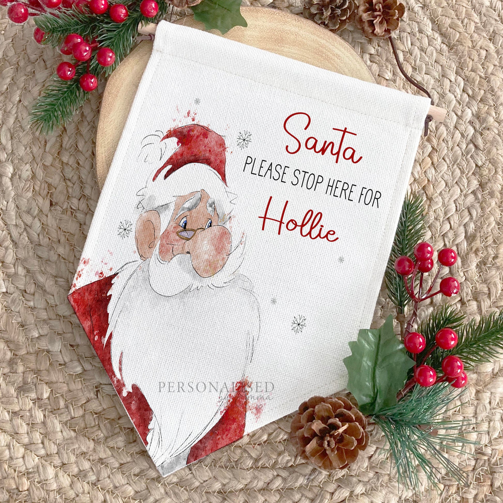 Santa Please Stop Here Personalised Hanging Sign, Santa Stop Here Hanging Linen Pennant, Personalised Kids Xmas Decoration, Xmas Eve Box