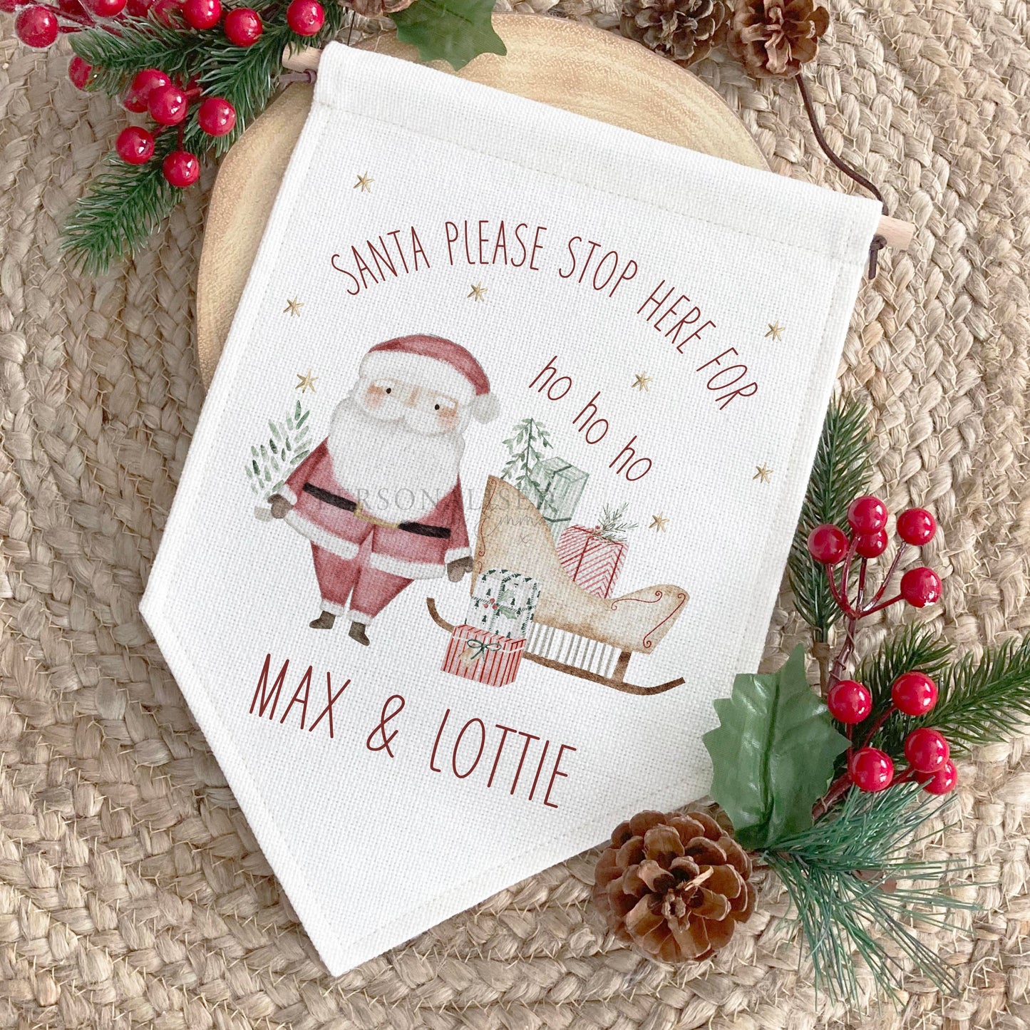 Santa Please Stop Here Personalised Hanging Sign, Santa Stop Here Hanging Linen Pennant, Personalised Kids Xmas Decoration, Xmas Eve Box