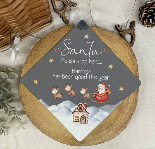 Santa Please Stop Here Personalised Aluminiuim Window Sign with Suction Cups, Santa Stop Here Kids Christmas Sign, Xmas Eve Box, 2 Sizes