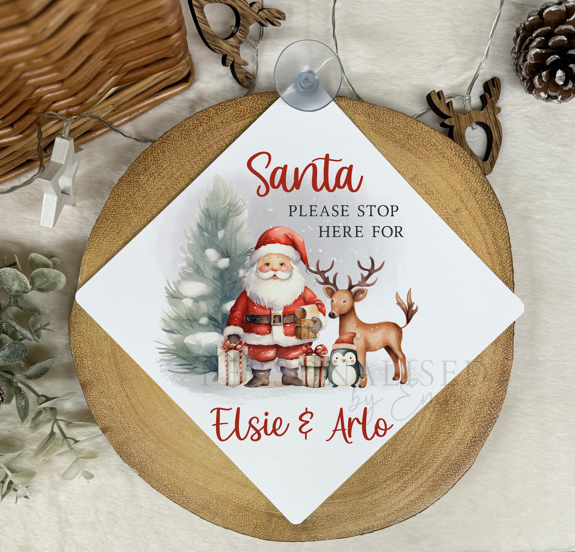 Santa Please Stop Here Personalised Aluminiuim Window Sign with Suction Cups, Santa Stop Here Kids Christmas Sign, Xmas Eve Box, 2 Sizes