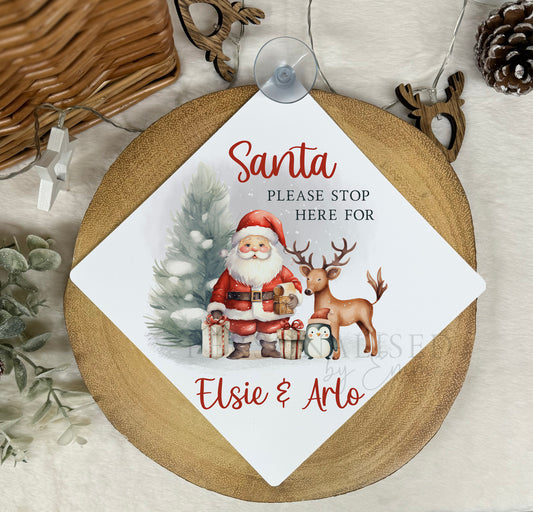 Santa Please Stop Here Personalised Aluminiuim Window Sign with Suction Cups, Santa Stop Here Kids Christmas Sign, Xmas Eve Box, 2 Sizes