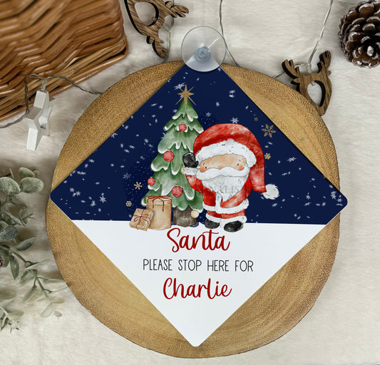 Santa Please Stop Here Personalised Aluminiuim Window Sign with Suction Cups, Santa Stop Here Kids Christmas Sign, Xmas Eve Box, 2 Sizes