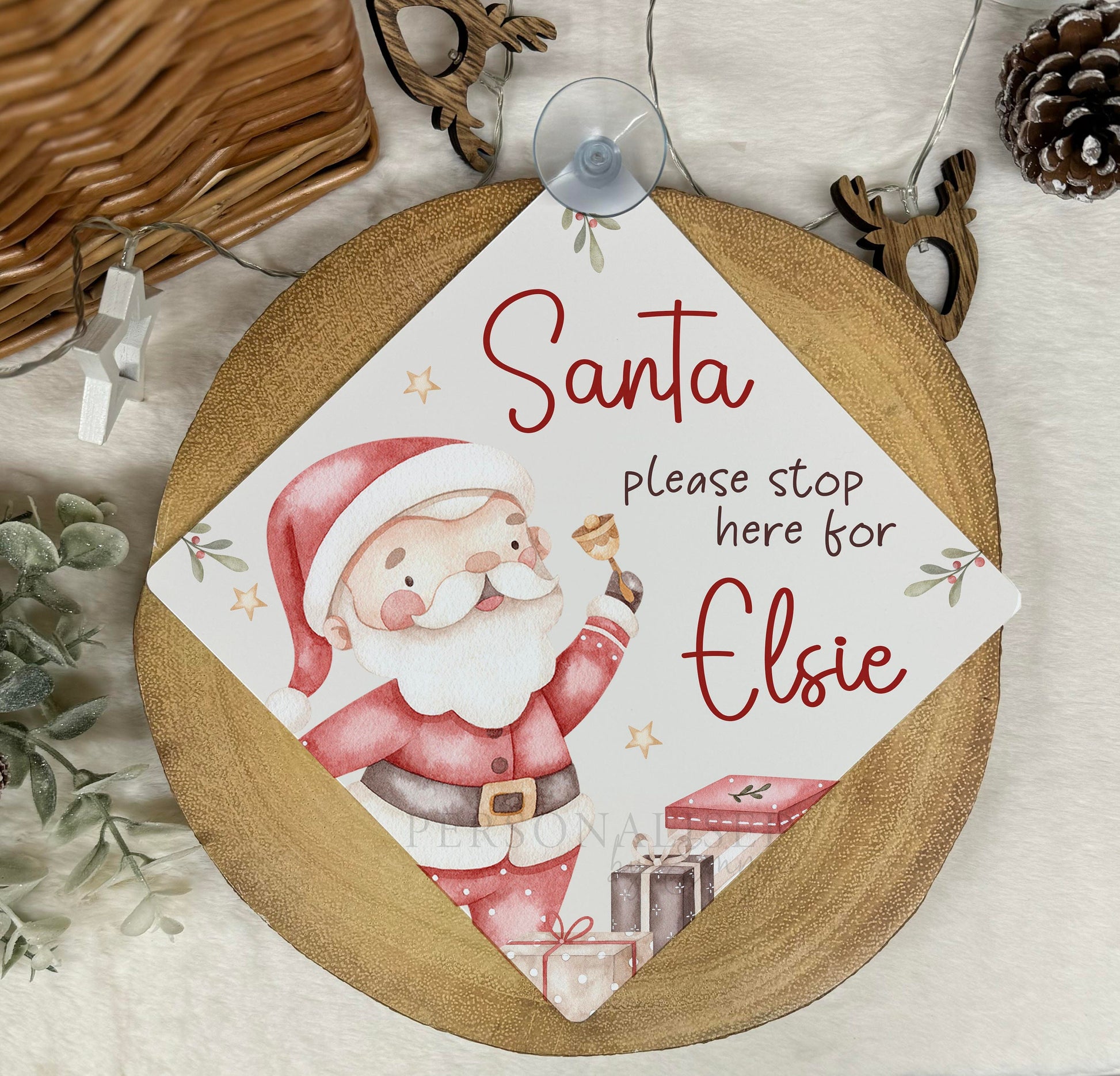 Santa Please Stop Here Personalised Aluminiuim Window Sign with Suction Cups, Santa Stop Here Kids Christmas Sign, Xmas Eve Box, 2 Sizes