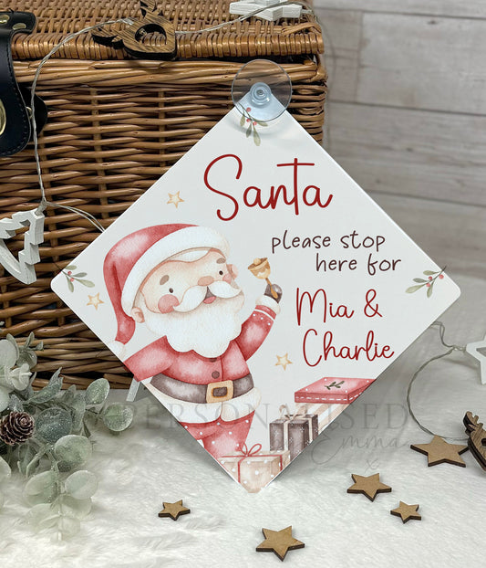 Santa Please Stop Here Personalised Aluminiuim Window Sign with Suction Cups, Santa Stop Here Kids Christmas Sign, Xmas Eve Box, 2 Sizes