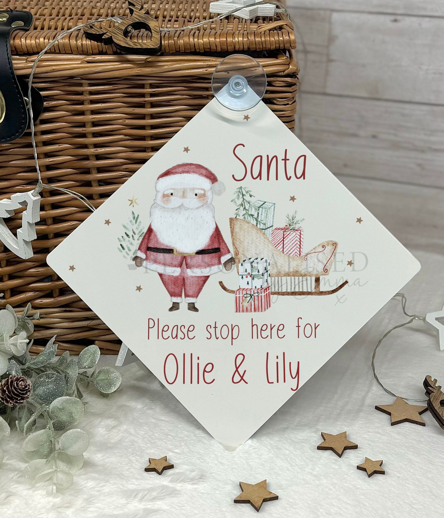 Santa Please Stop Here Personalised Aluminiuim Window Sign with Suction Cups, Santa Stop Here Kids Christmas Sign, Xmas Eve Box, 2 Sizes