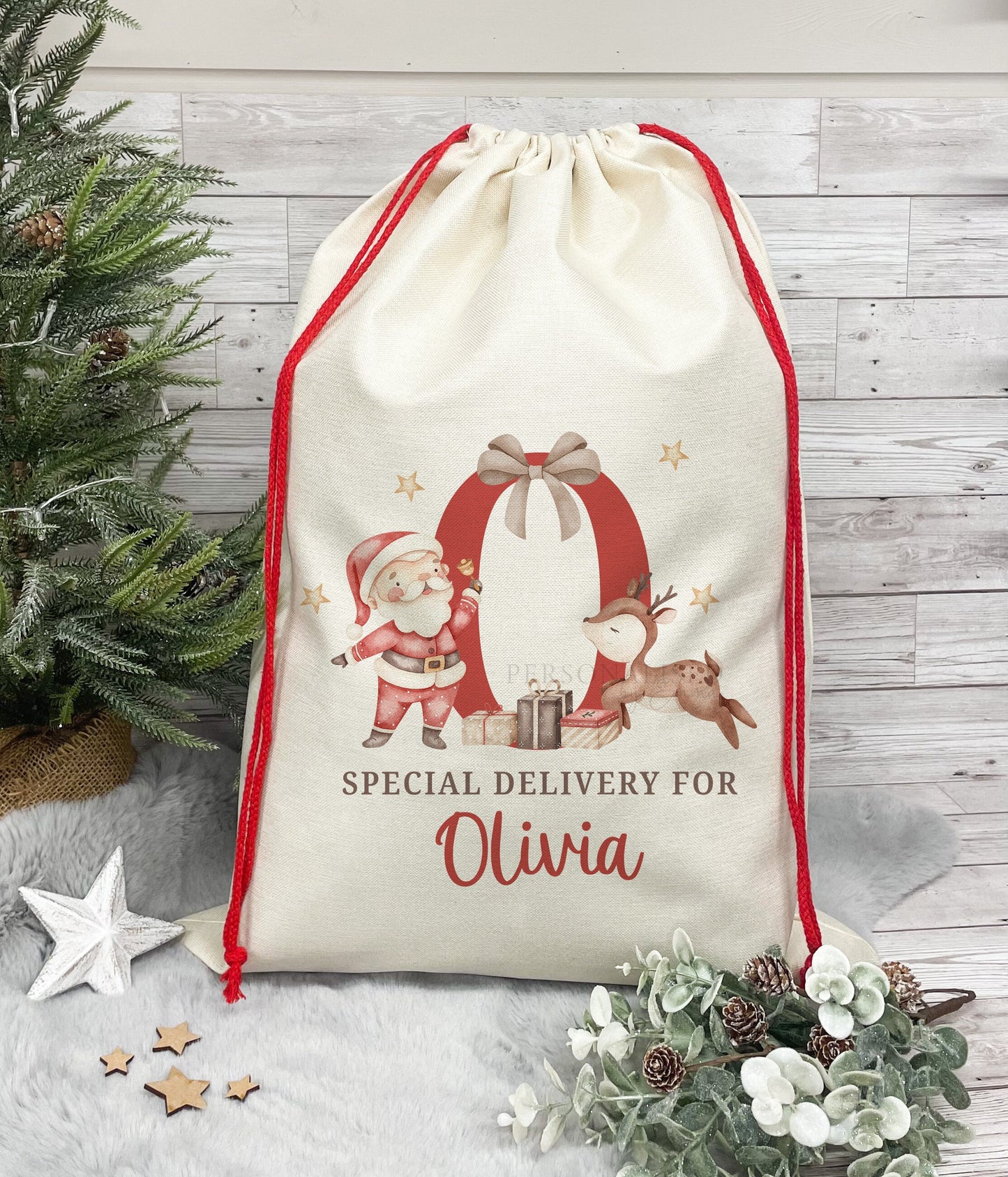 Personalised Santa Sack, Christmas Sack, Christmas Present Sack for Boys & Girls, Christmas Toy Sack with Santa and Reindeer, Xmas Gift Bag