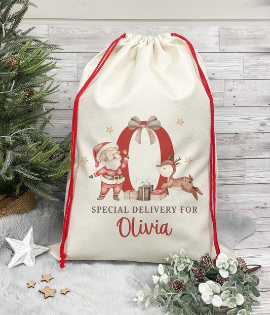 Personalised Santa Sack, Christmas Sack, Christmas Present Sack for Boys & Girls, Christmas Toy Sack with Santa and Reindeer, Xmas Gift Bag