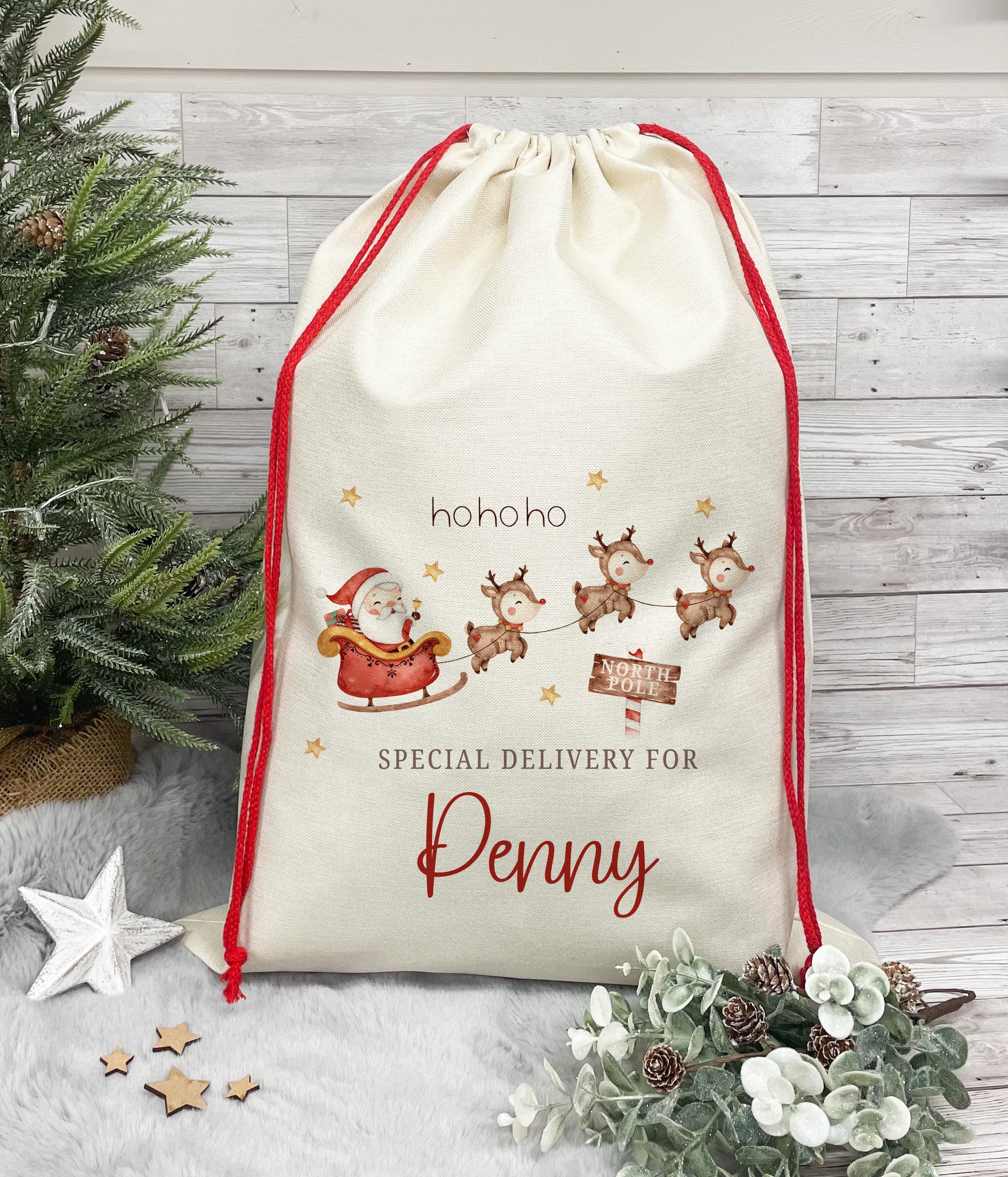 Personalised Santa Sack, Christmas Sack, Christmas Present Sack for Boys & Girls, Christmas Toy Sack with Santa and Reindeers, Xmas Gift Bag