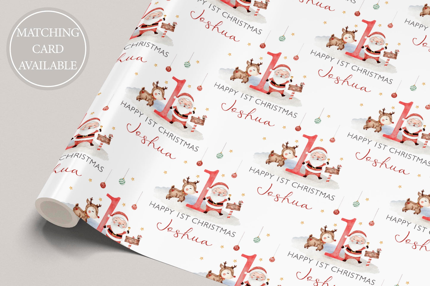 Baby's First Christmas Wrapping Paper, Personalised Boy's & Girl's 1st Christmas Wrapping Paper, 1st Christmas Gift Wrap, Santa and Reindeer