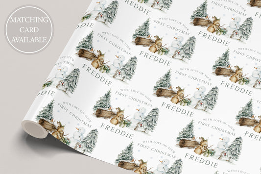 Baby's First Christmas Wrapping Paper, Personalised Boy's & Girl's 1st Christmas Wrapping Paper, 1st Christmas Gift Wrap, Baby Woodland