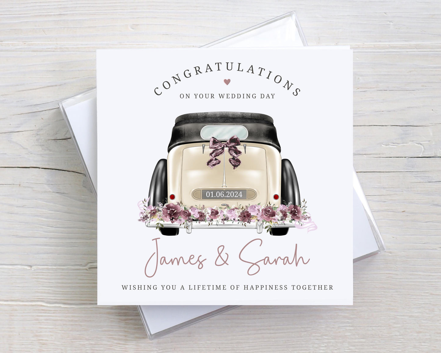 Personalised Wedding Card, Congratulations on your Wedding Day, for the Bride and Groom, Just Married Card with Wedding Car Design