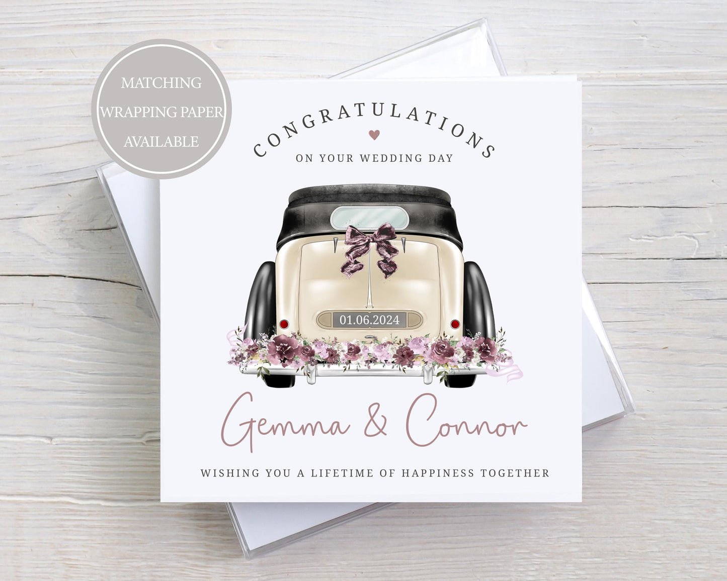 Personalised Wedding Card, Congratulations on your Wedding Day, for the Bride and Groom, Just Married Card with Wedding Car Design