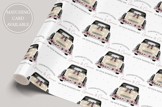 Wedding Gift Wrap Personalised with Names & Date, Congratulations on your Wedding Day Wrapping Paper, Mr and Mrs Gift Wrap, Wedding Car Wrap