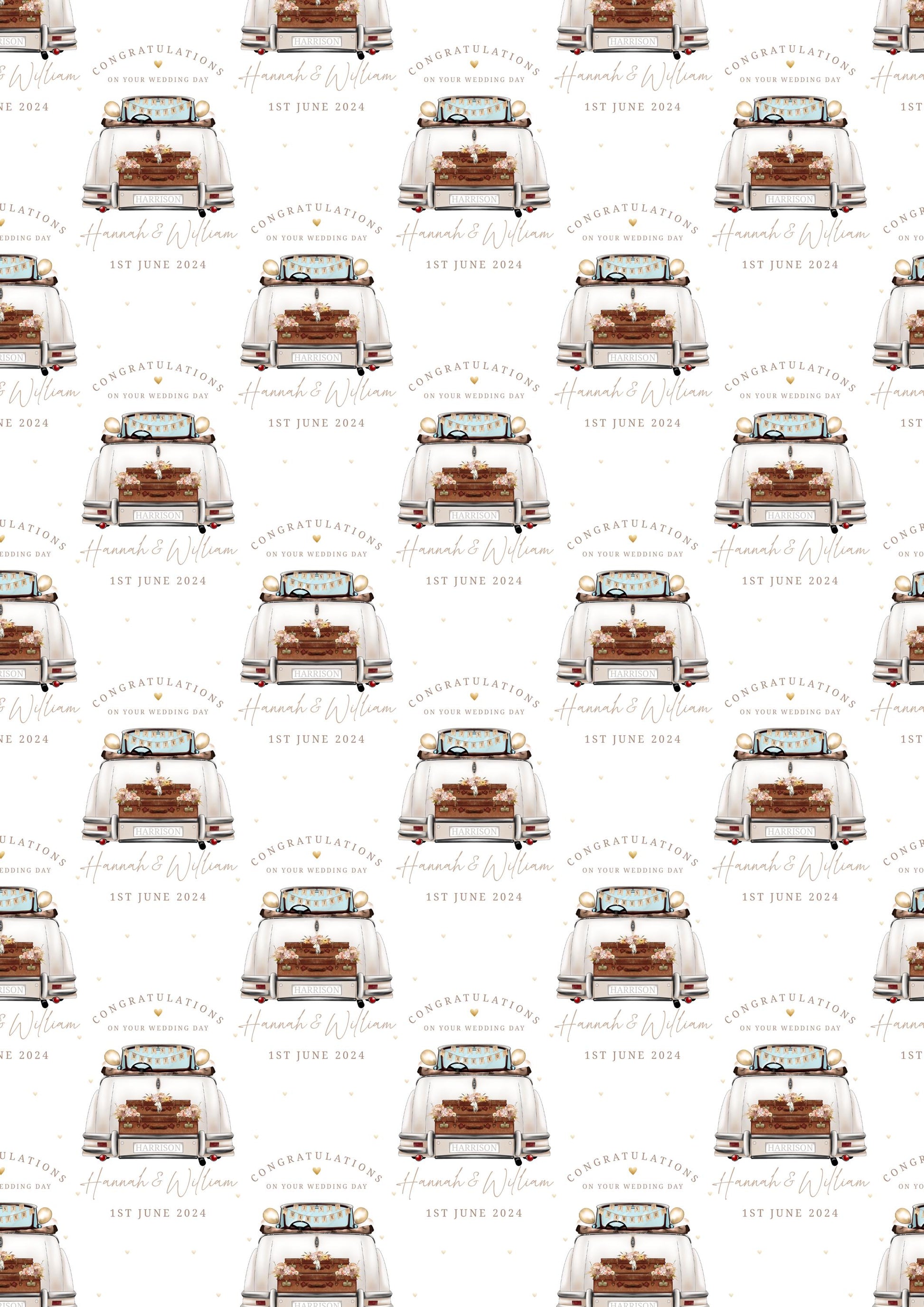 Wedding Gift Wrap Personalised with Names & Date, Congratulations on your Wedding Day Wrapping Paper, Mr and Mrs Gift Wrap, Wedding Car Wrap