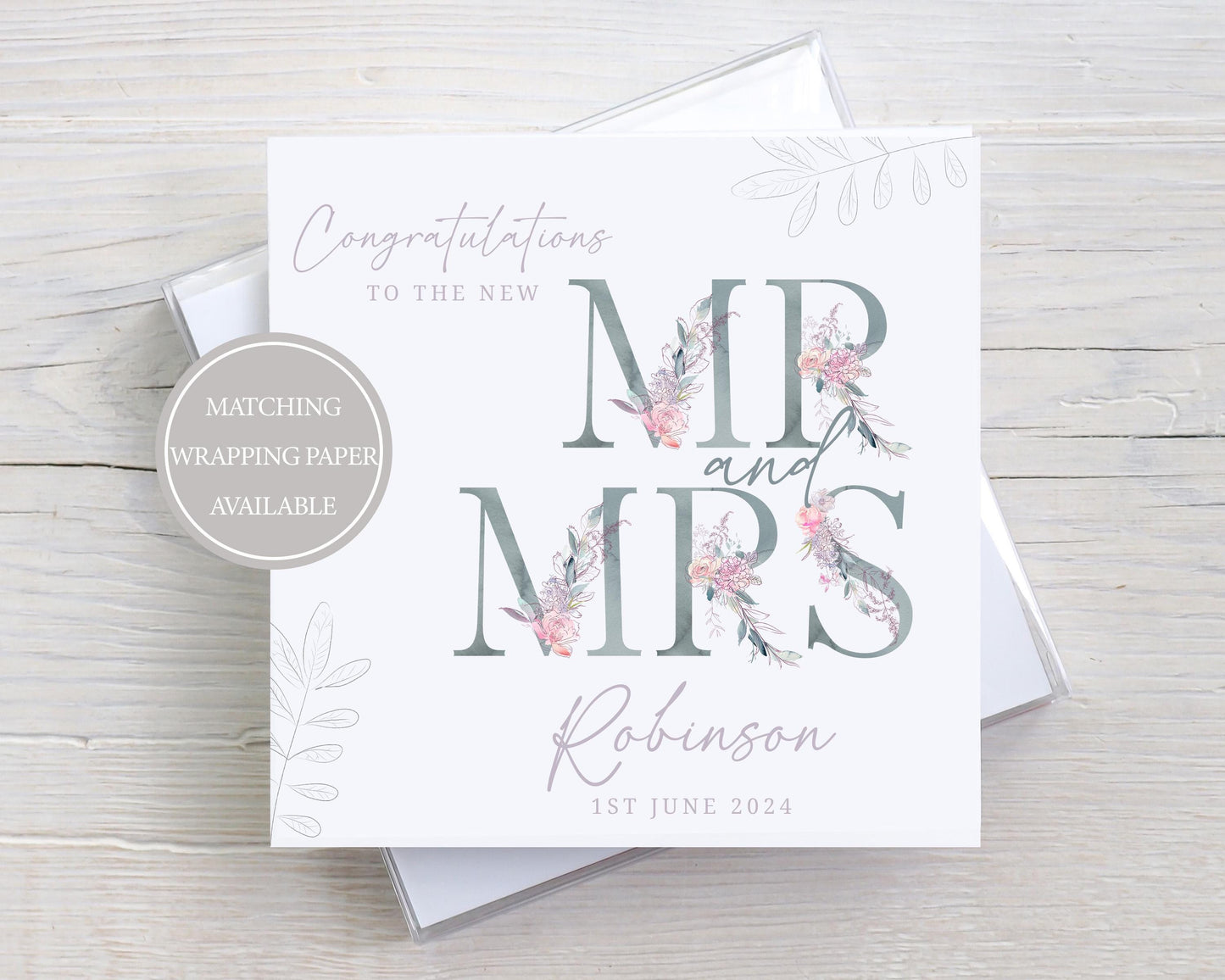 Personalised Wedding Card, Congratulations on your Wedding Day, New Mr and Mrs Card, Just Married Card with Floral Letters