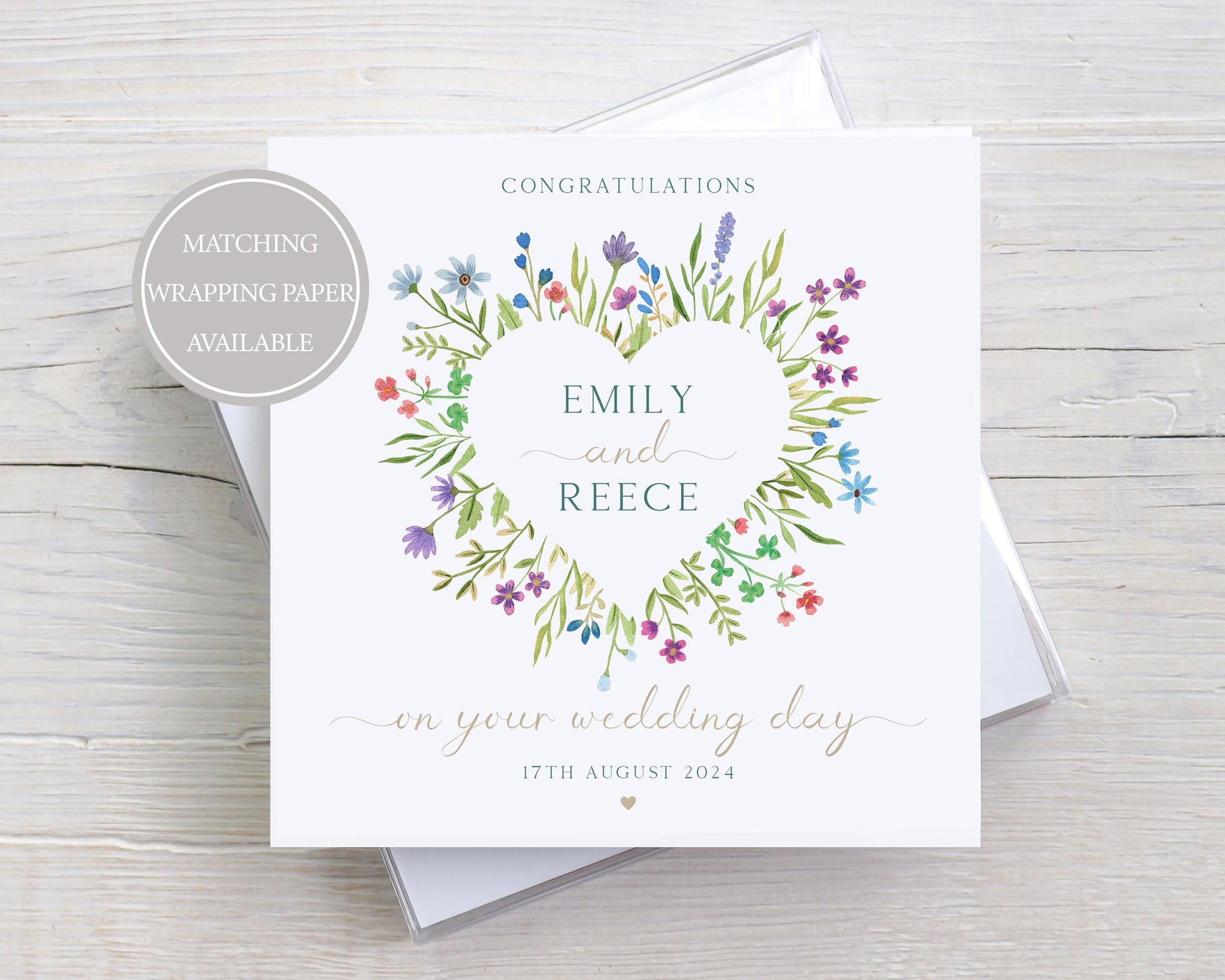 Personalised Wedding Card, Congratulations on your Wedding Day Card, Card for Special Couple, Bride and Groom, Wildflower Heart