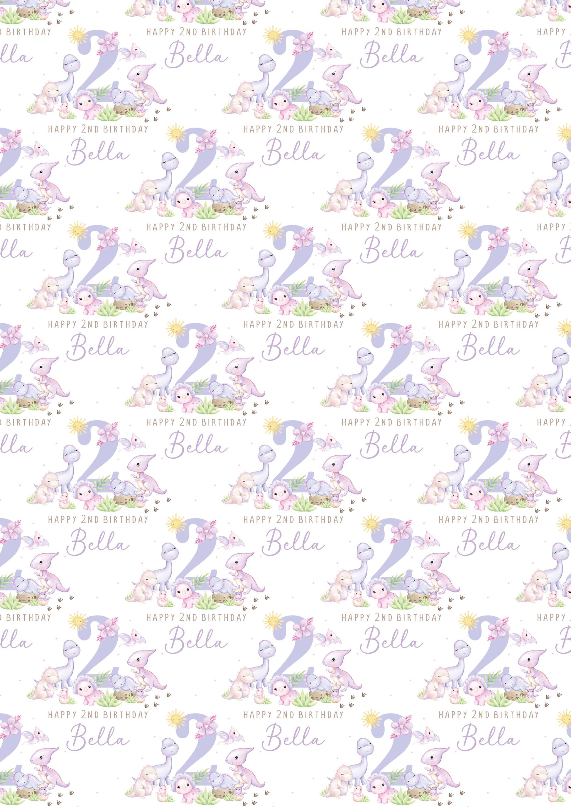 Girl's Dinosaurs Birthday Gift Wrapping Paper, Personalised 2nd, 3rd, 4th Any Age Birthday Gift Wrap Card for Daughter, Granddaughter, Girls