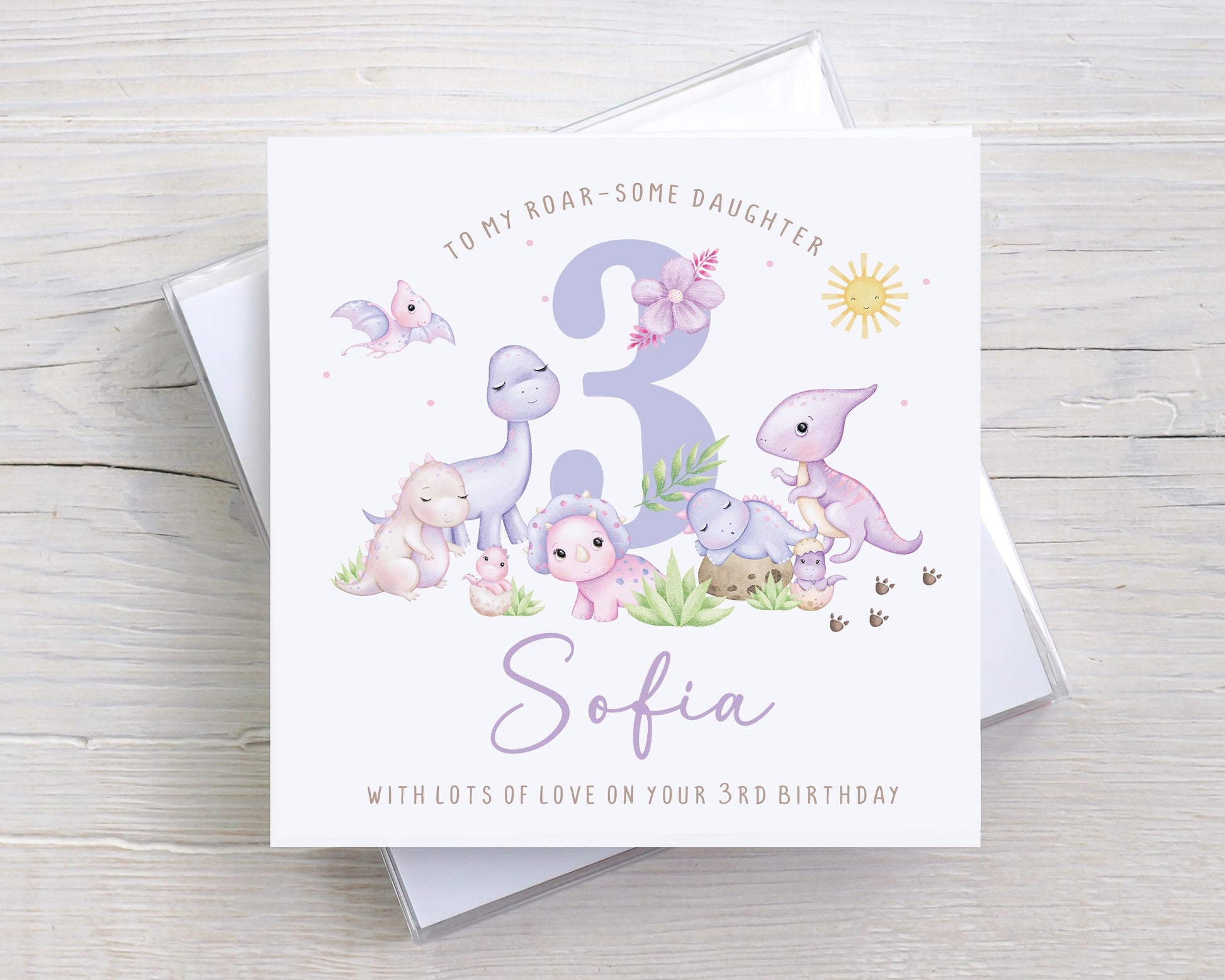 Personalised Girl's Dinosaur Birthday Card, 2nd, 3rd, 4th, Any Age Dinosaur Birthday Card for Daughter, Granddaughter, Goddaughter, Niece