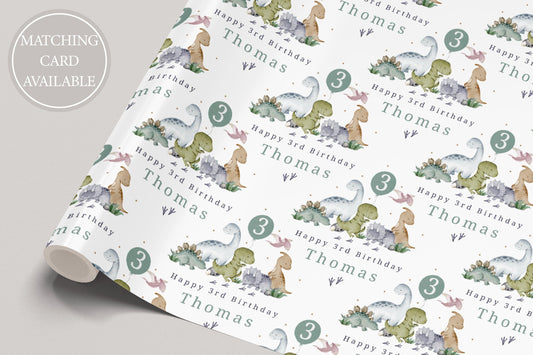 Boy's Dinosaur Birthday Gift Wrapping Paper, Personalised 1st, 2nd, 3rd, 4th Any Age Dinosaur Birthday Gift Wrap & Card, Kids Birthday Paper