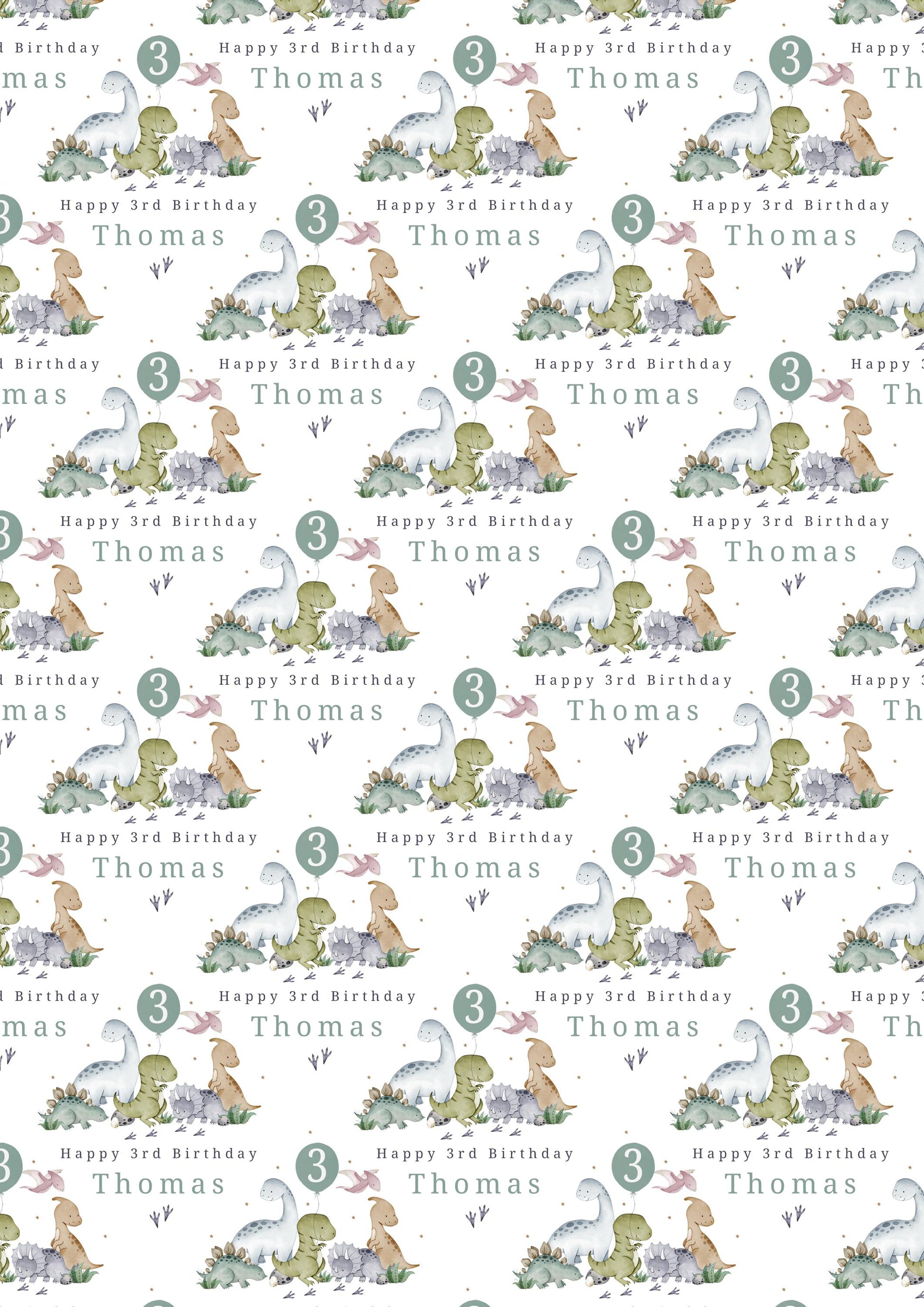 Boy's Dinosaur Birthday Gift Wrapping Paper, Personalised 1st, 2nd, 3rd, 4th Any Age Dinosaur Birthday Gift Wrap & Card, Kids Birthday Paper
