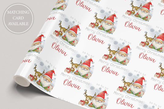 Christmas Gift Wrapping Paper, Personalised Kids Christmas Wrapping Paper, Santa Gnome and Reindeer Christmas Gift Wrap for Her for Him