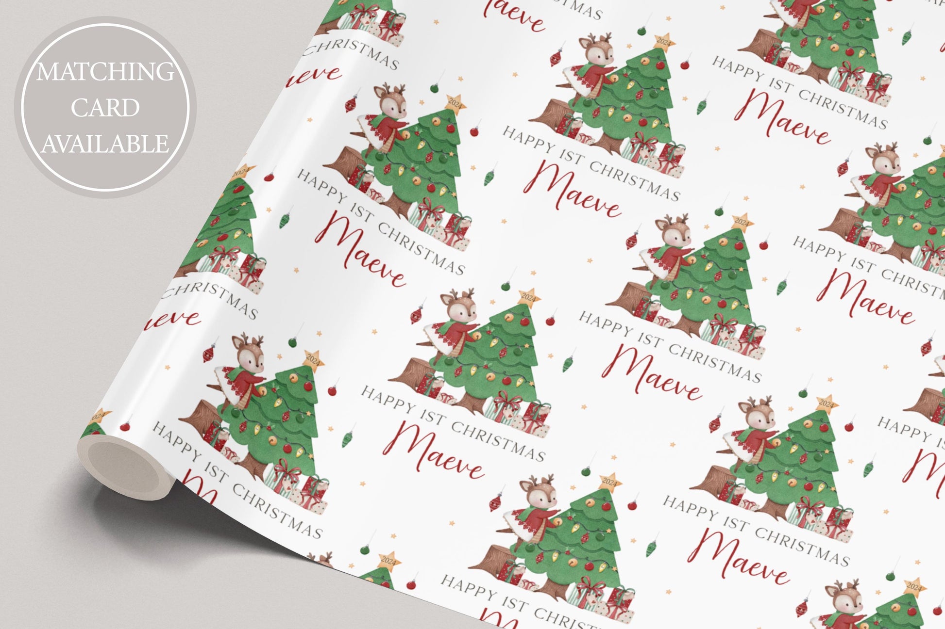 Girl's First Christmas Wrapping Paper, Personalised Girl's 1st Christmas Wrapping Paper, 1st Christmas Gift Wrap, Cute Reindeer Design