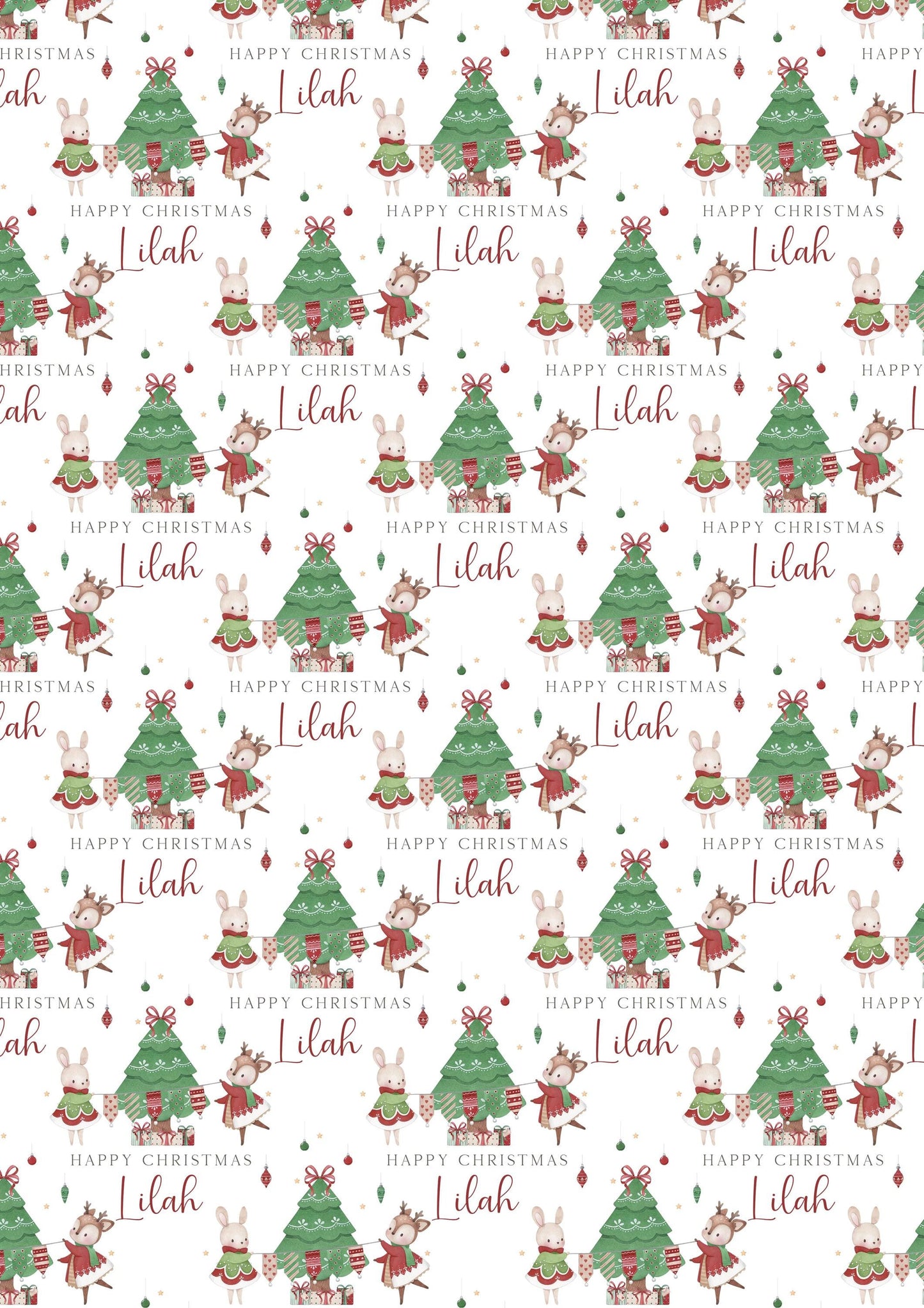 Girl's Christmas Gift Wrapping Paper, Personalised Girl's Christmas Wrapping Paper, Cute Reindeer and Bunny Christmas Gift Wrap for Her