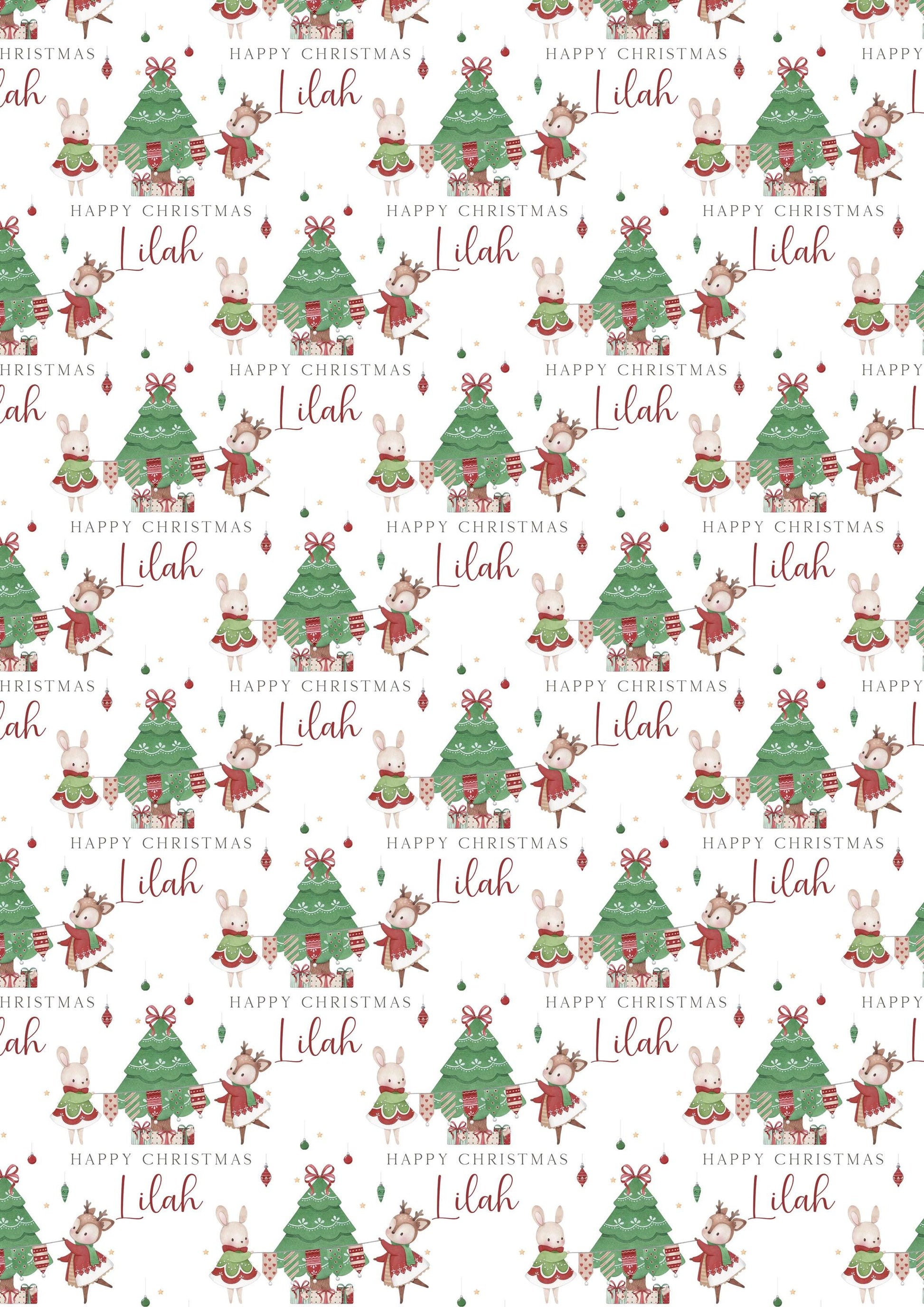 Girl's Christmas Gift Wrapping Paper, Personalised Girl's Christmas Wrapping Paper, Cute Reindeer and Bunny Christmas Gift Wrap for Her