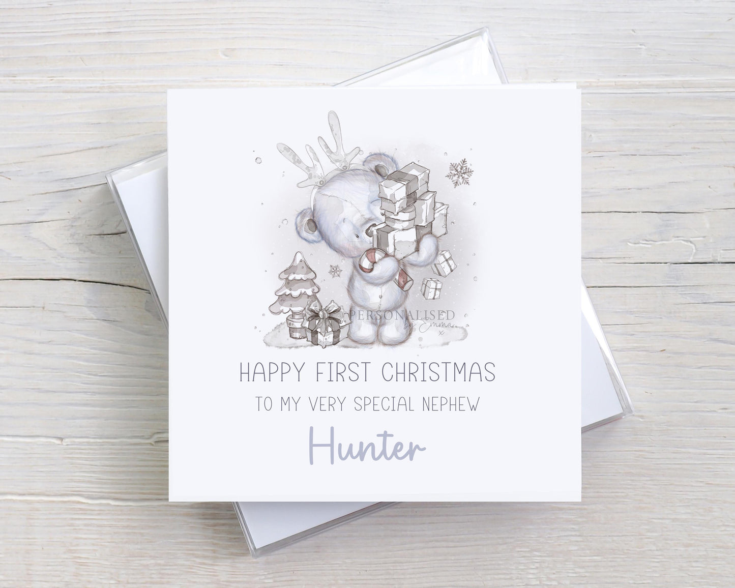 Baby Boy's First Christmas Card, Personalised Boy's 1st Christmas Card for Son, Grandson, Nephew, Godson, Special Little Boy, Cute Bear