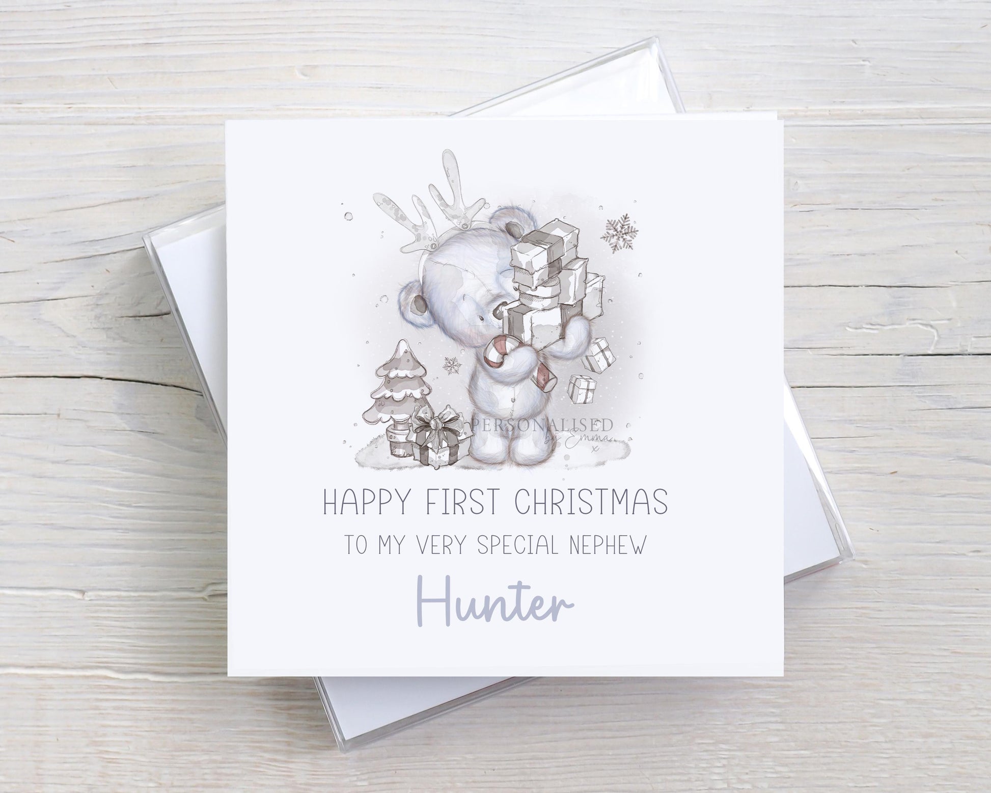 Baby Boy's First Christmas Card, Personalised Boy's 1st Christmas Card for Son, Grandson, Nephew, Godson, Special Little Boy, Cute Bear