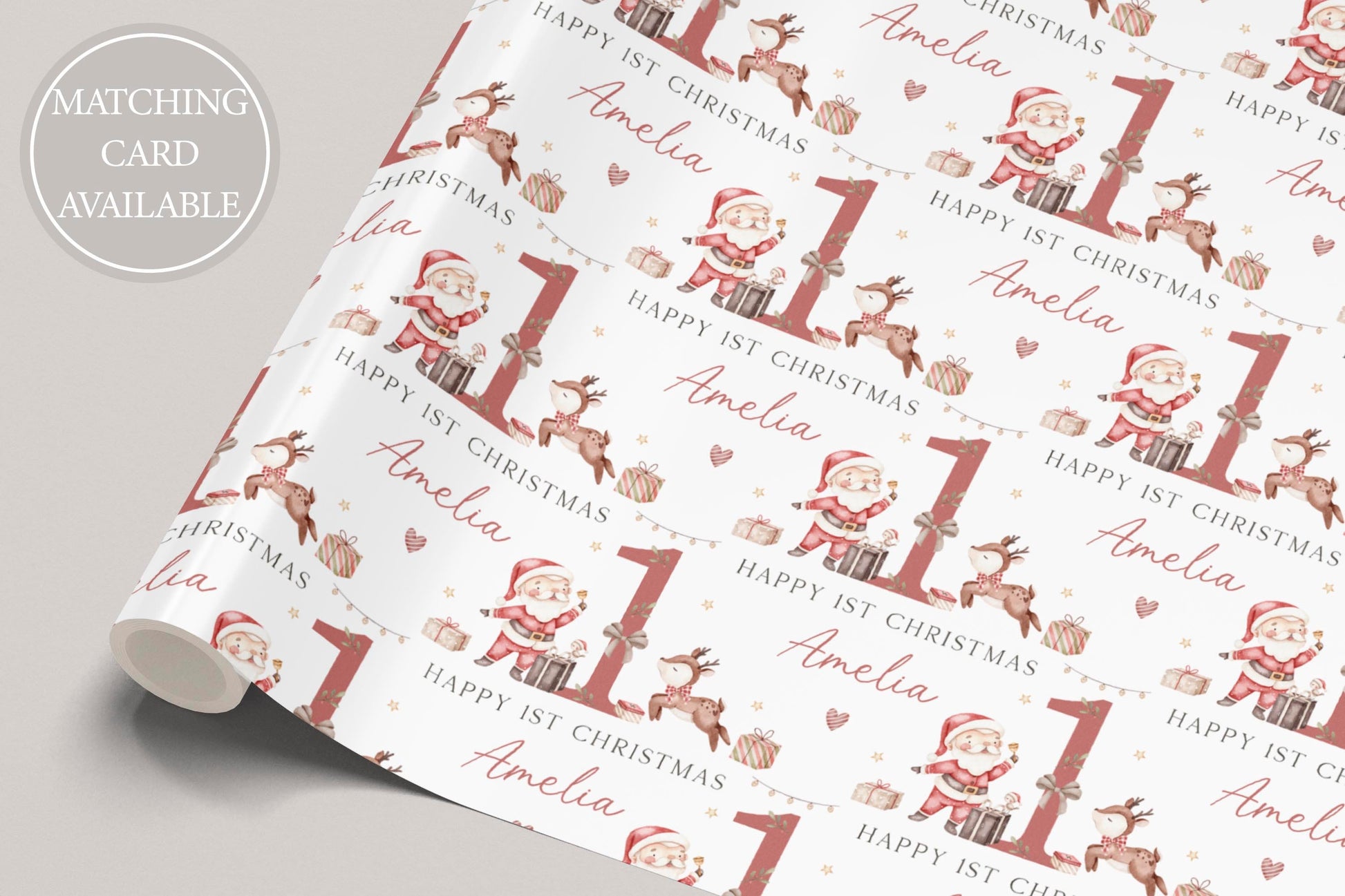 Baby's First Christmas Wrapping Paper, Personalised Boy's & Girl's 1st Christmas Wrapping Paper, 1st Christmas Gift Wrap, Santa and Reindeer