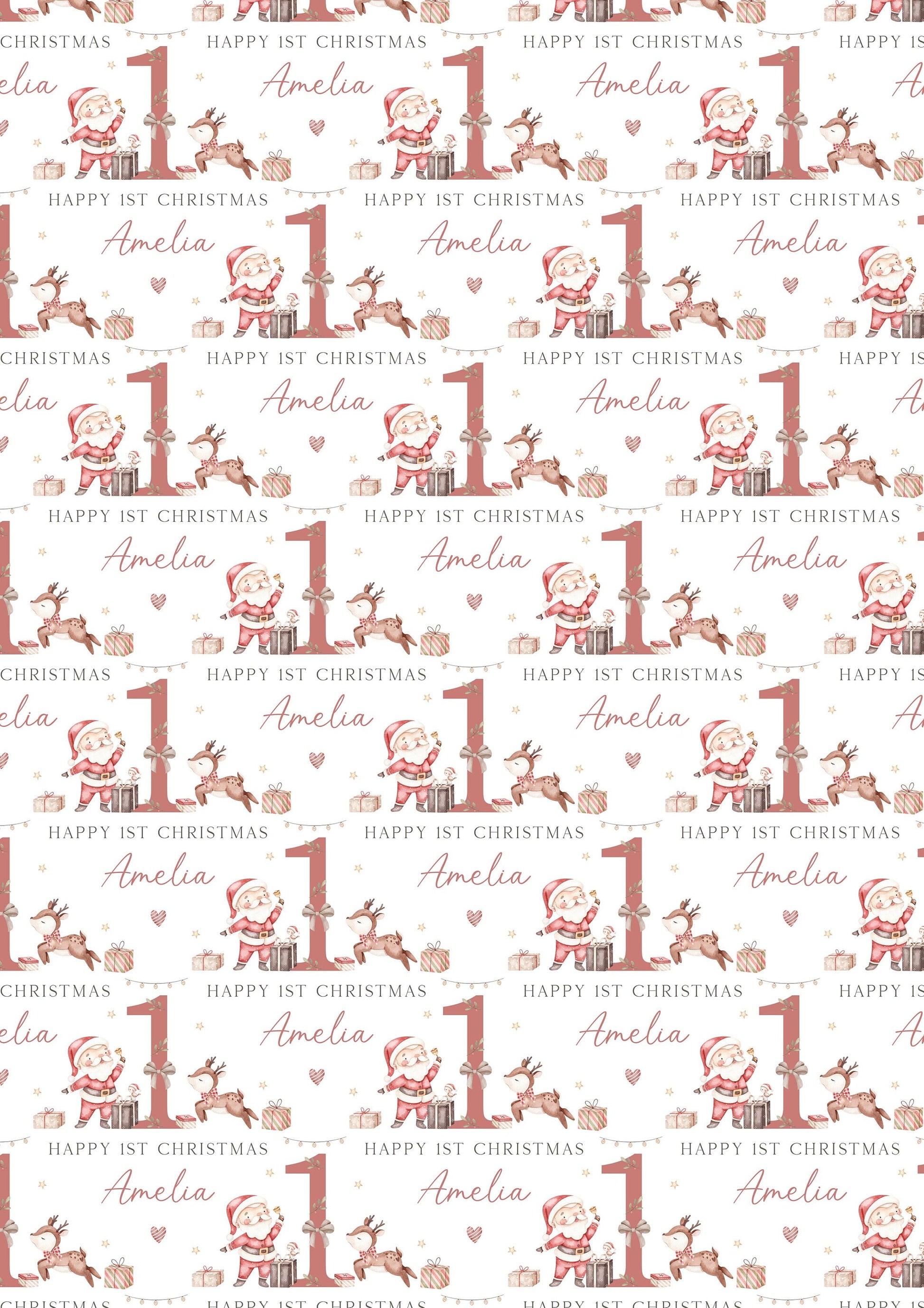 Baby's First Christmas Wrapping Paper, Personalised Boy's & Girl's 1st Christmas Wrapping Paper, 1st Christmas Gift Wrap, Santa and Reindeer