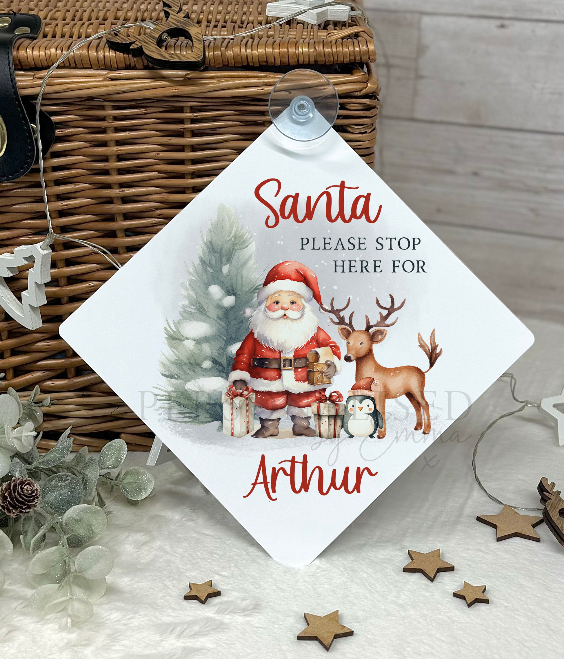 Santa Please Stop Here Personalised Aluminiuim Window Sign with Suction Cups, Santa Stop Here Kids Christmas Sign, Xmas Eve Box, 2 Sizes