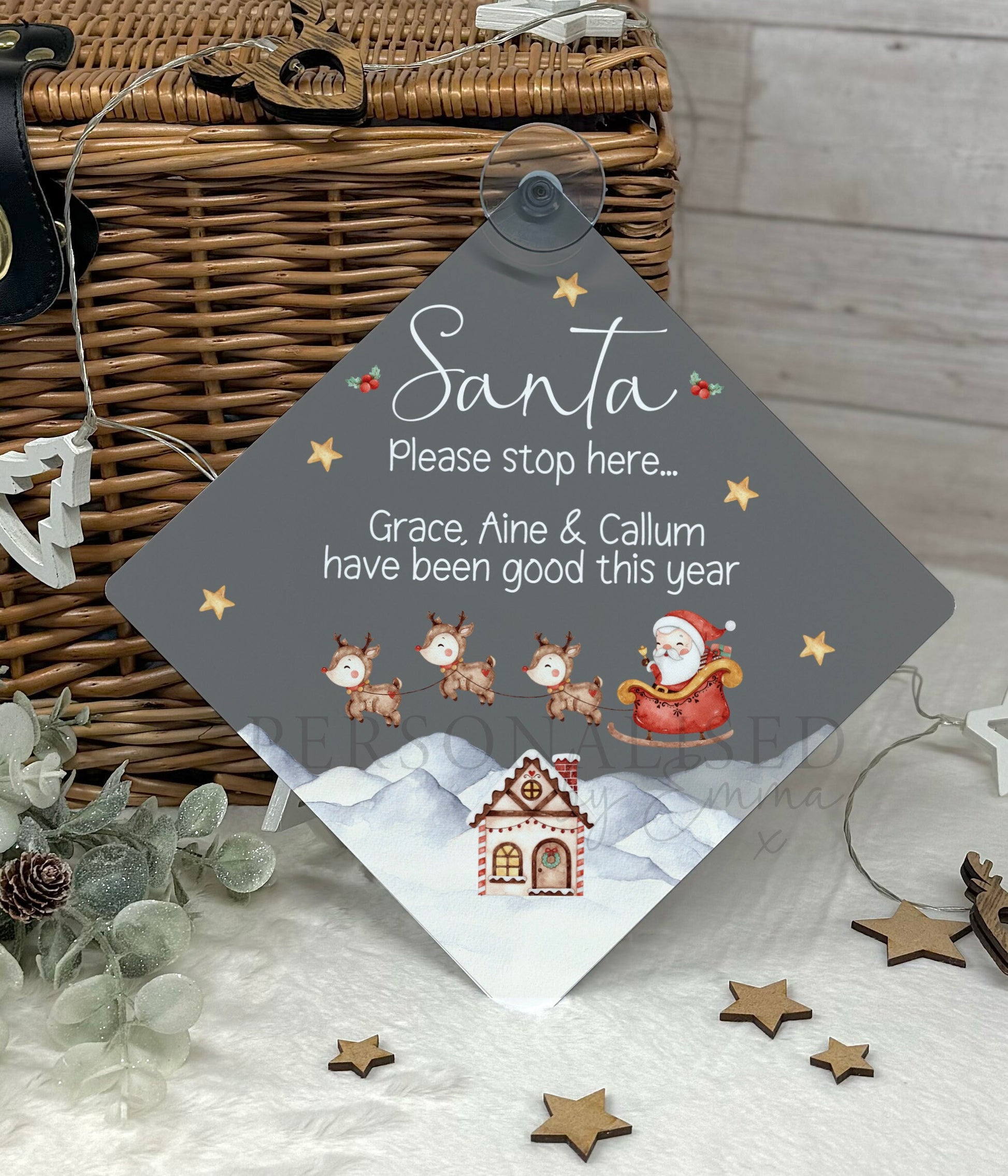 Santa Please Stop Here Personalised Aluminiuim Window Sign with Suction Cups, Santa Stop Here Kids Christmas Sign, Xmas Eve Box, 2 Sizes