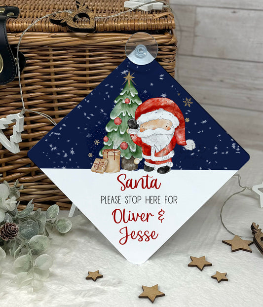 Santa Please Stop Here Personalised Aluminiuim Window Sign with Suction Cups, Santa Stop Here Kids Christmas Sign, Xmas Eve Box, 2 Sizes