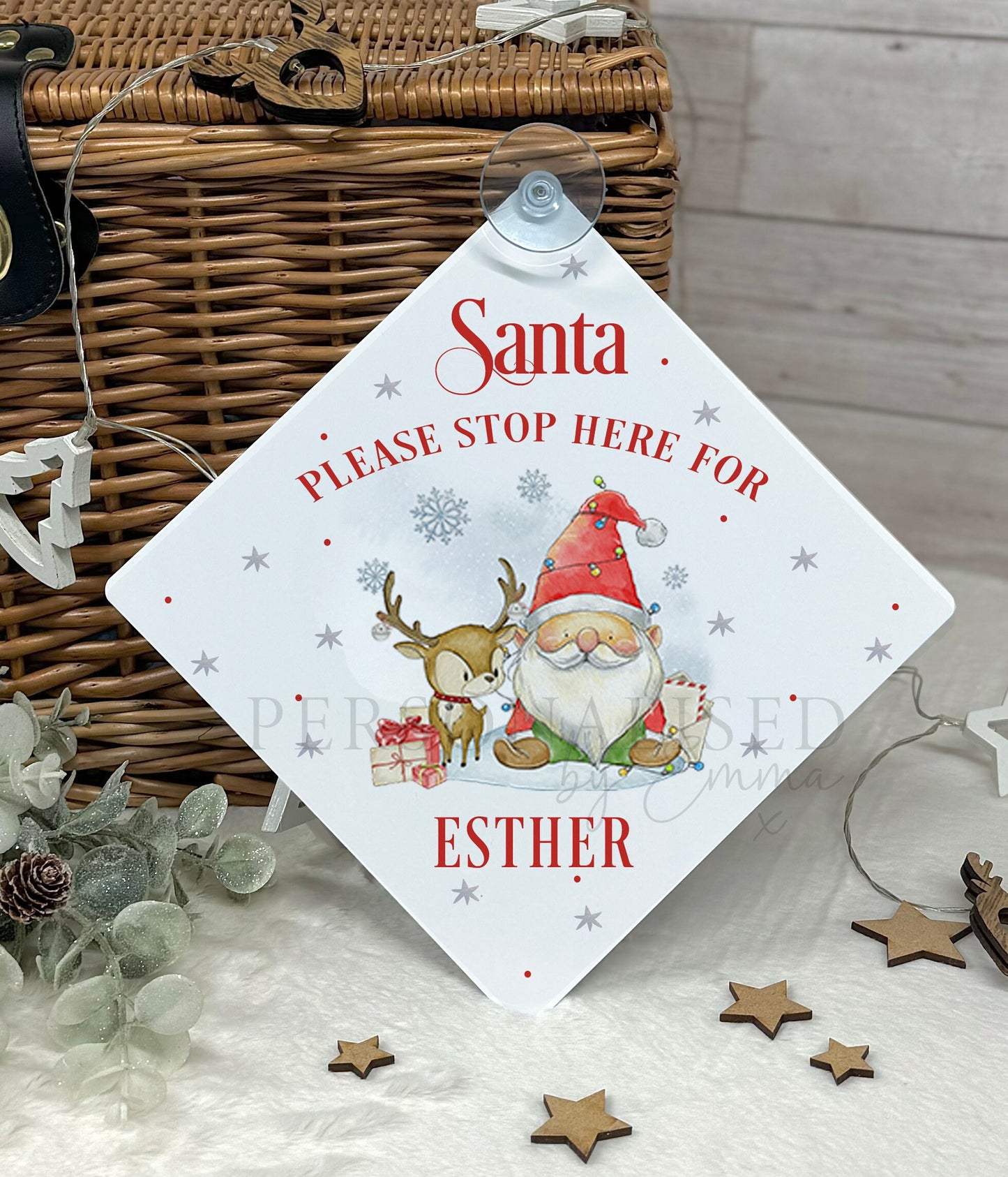 Santa Please Stop Here Personalised Aluminiuim Window Sign with Suction Cups, Santa Stop Here Kids Christmas Sign, Xmas Eve Box, 2 Sizes