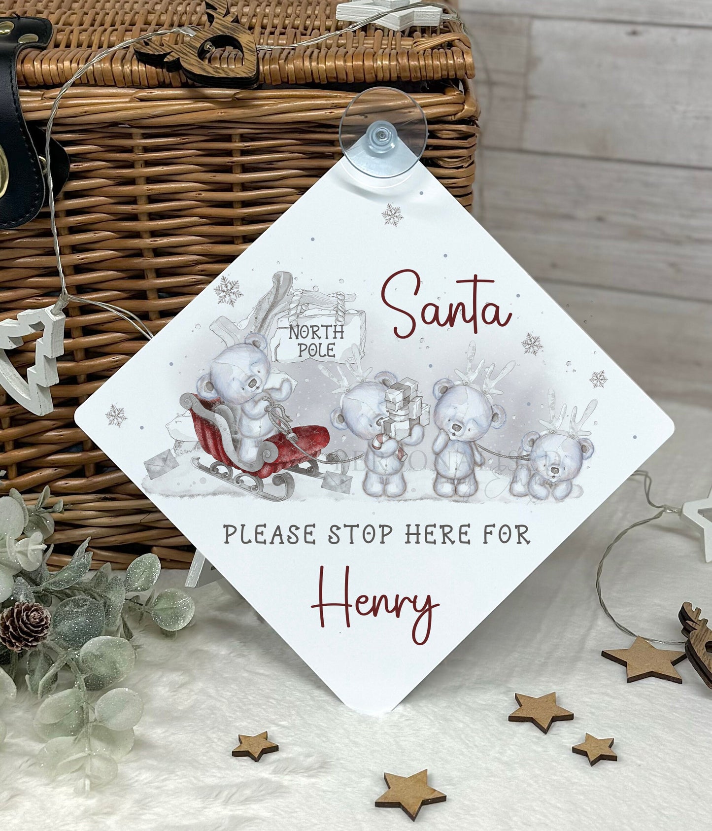 Santa Please Stop Here Personalised Aluminiuim Window Sign with Suction Cups, Santa Stop Here Kids Christmas Sign, Xmas Eve Box, 2 Sizes