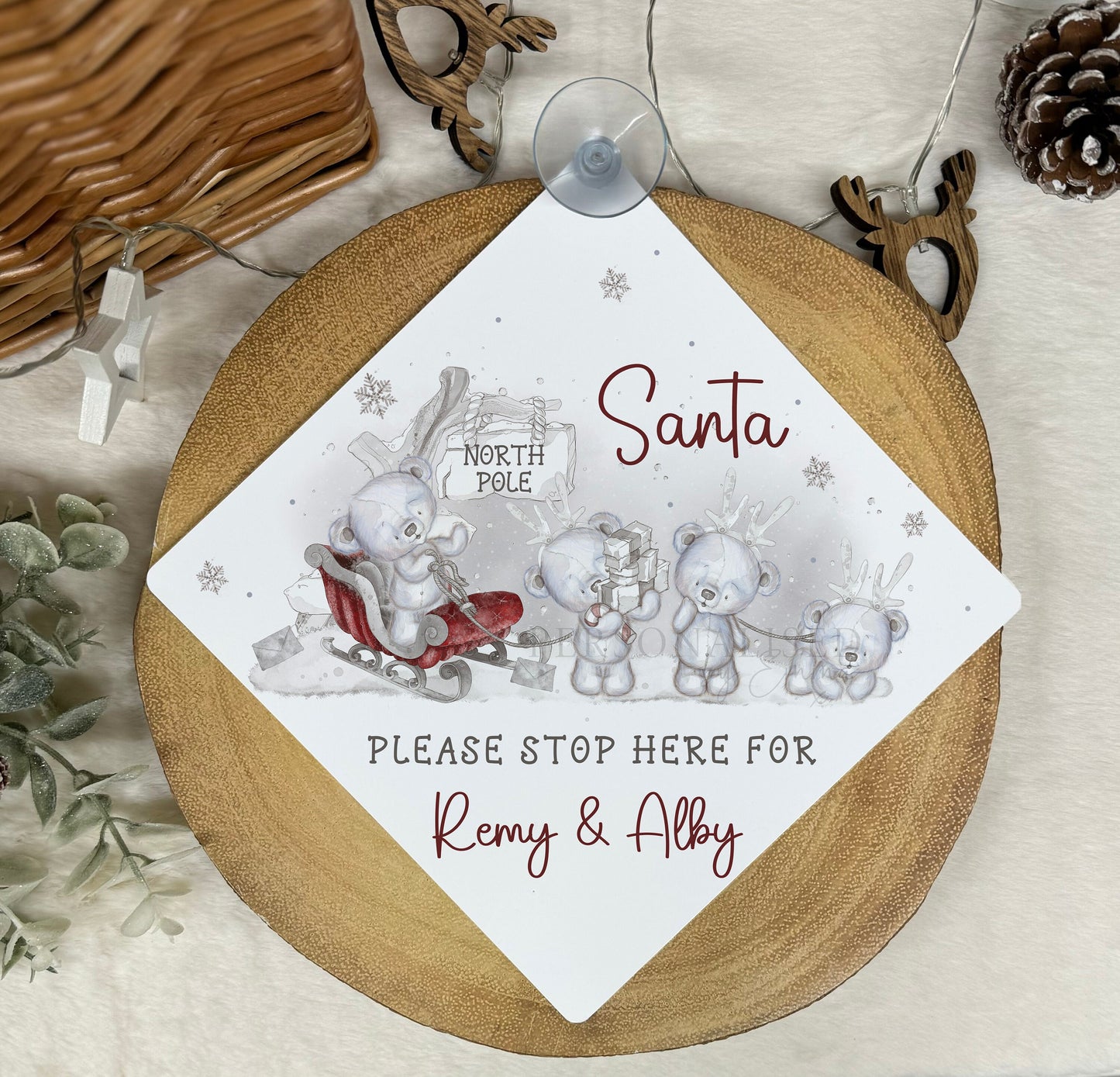 Santa Please Stop Here Personalised Aluminiuim Window Sign with Suction Cups, Santa Stop Here Kids Christmas Sign, Xmas Eve Box, 2 Sizes