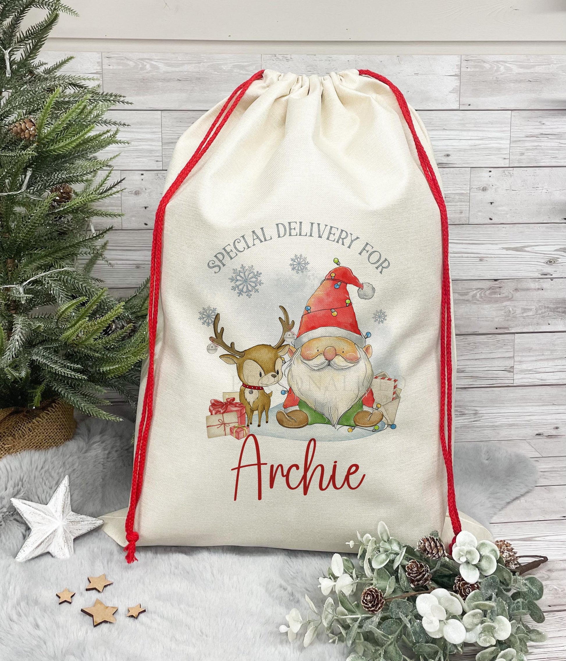 Personalised Santa Sack, Christmas Sack, Christmas Present Sack for Boys & Girls, Christmas Toy Sack with Santa and Reindeer, Xmas Gift Bag