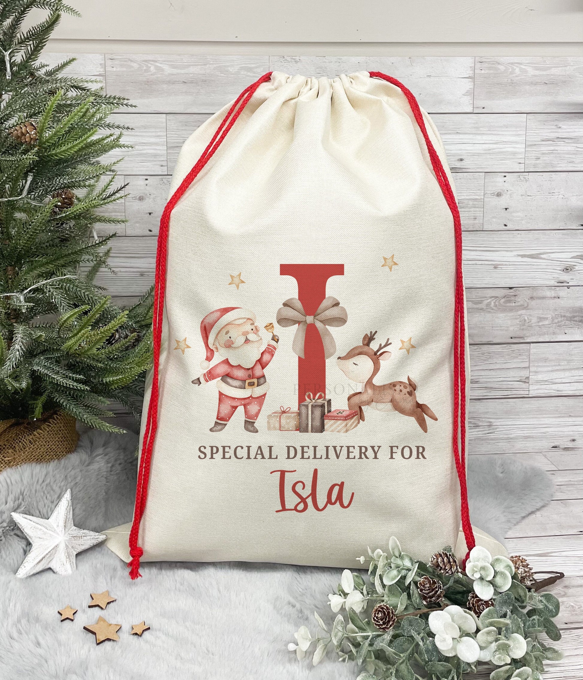 Personalised Santa Sack, Christmas Sack, Christmas Present Sack for Boys & Girls, Christmas Toy Sack with Santa and Reindeer, Xmas Gift Bag