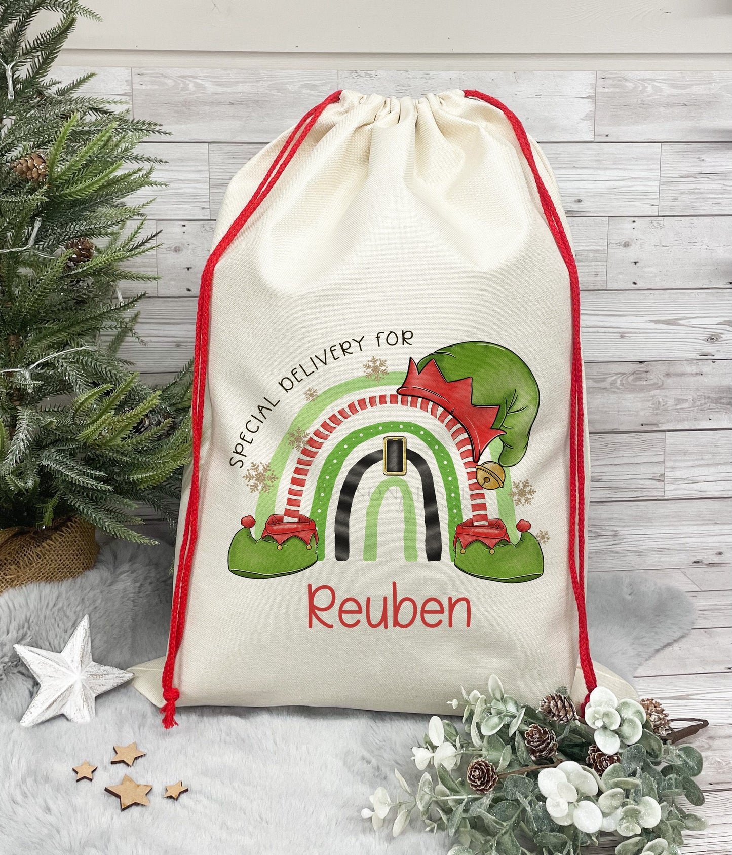 Personalised Santa Sack, Christmas Sack, Christmas Present Sack for Boys & Girls, Christmas Toy Sack with Rainbow Elf Design, Xmas Gift Bag