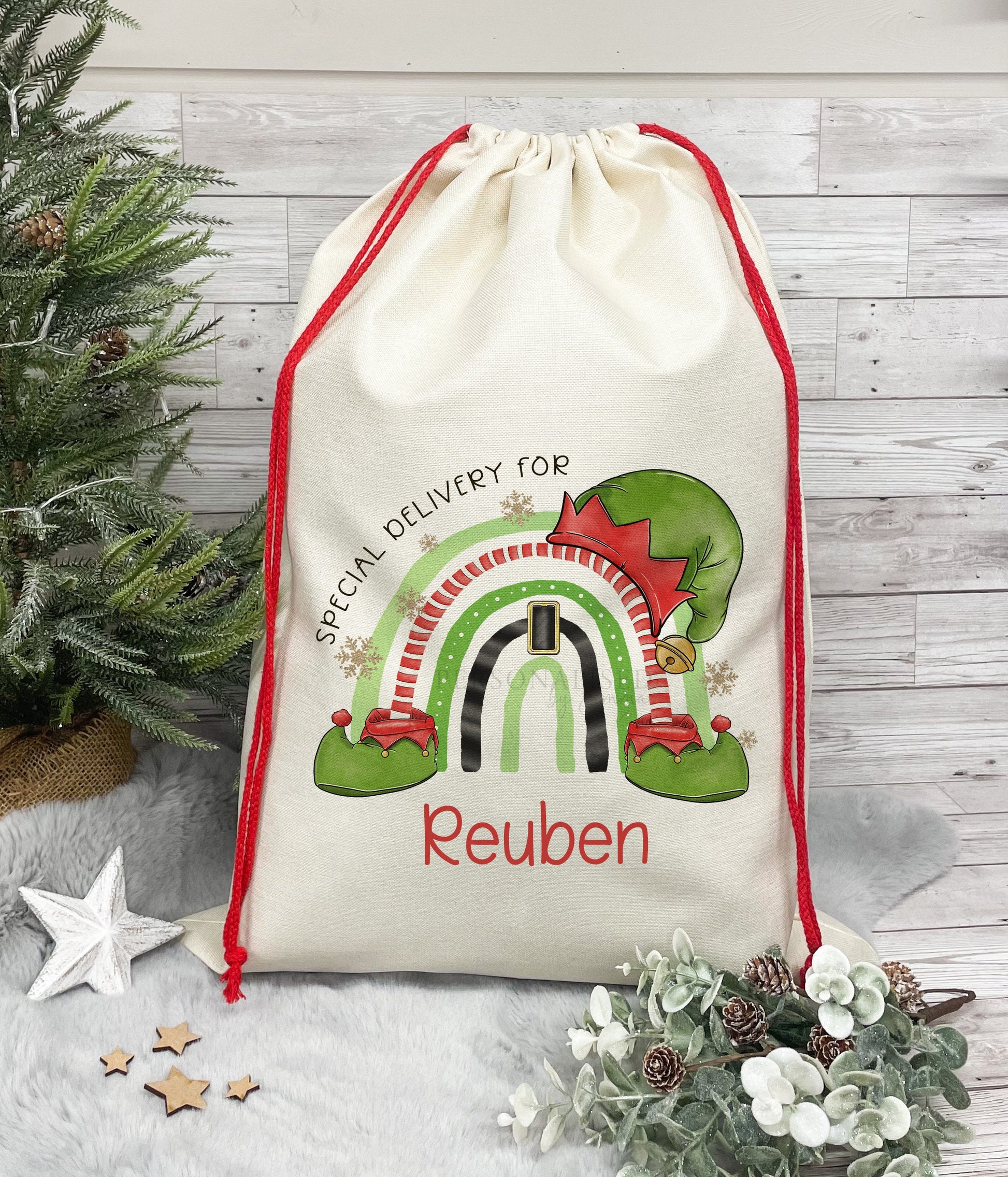 Personalised Santa Sack, Christmas Sack, Christmas Present Sack for Boys & Girls, Christmas Toy Sack with Rainbow Elf Design, Xmas Gift Bag