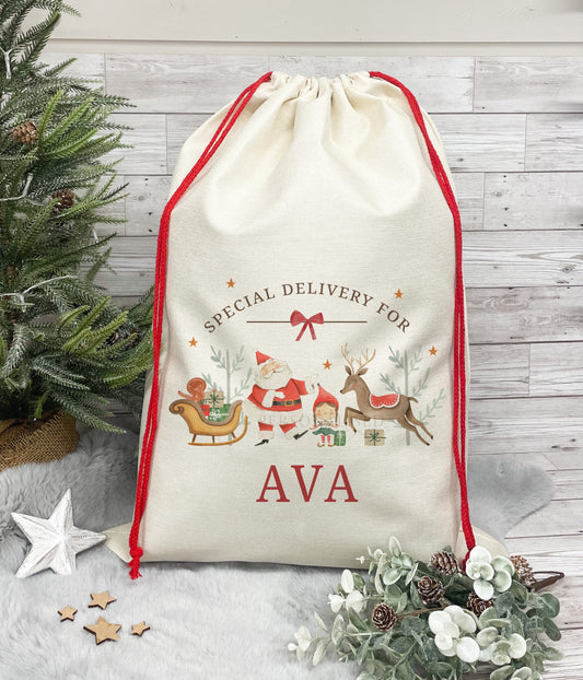 Personalised Santa Sack, Christmas Sack, Christmas Boys and Girls Present Sack, Christmas Toy Sack with Santa, Reindeer and Girl or Boy Elf